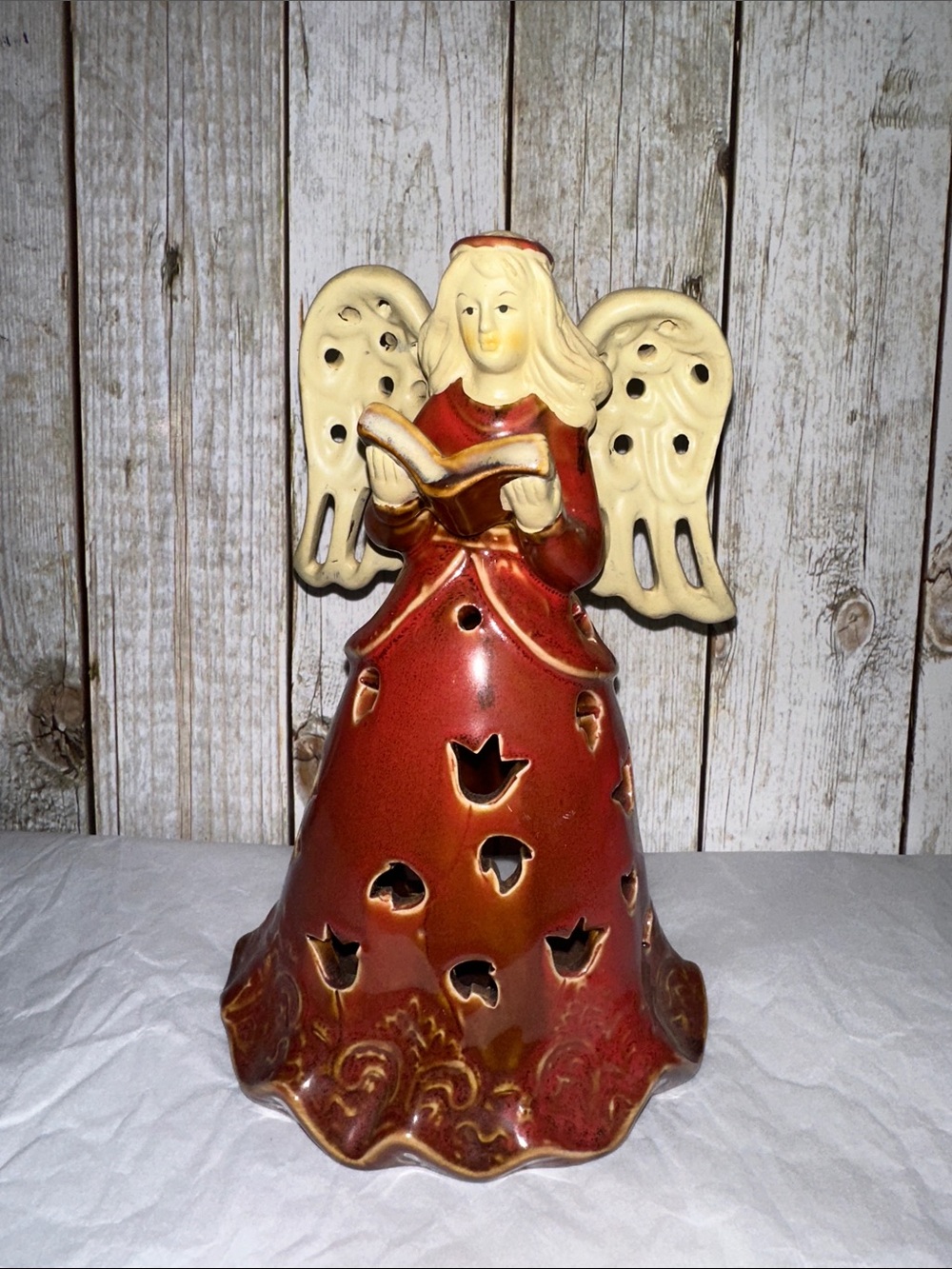 Red Ceramic Angel Candle Holder - Home Decorative & Holiday Accent